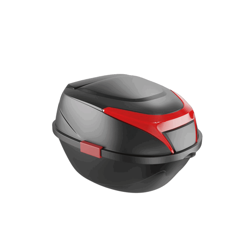 Freego Electric Bike Rear Trunk, black top case with red trim, angled view