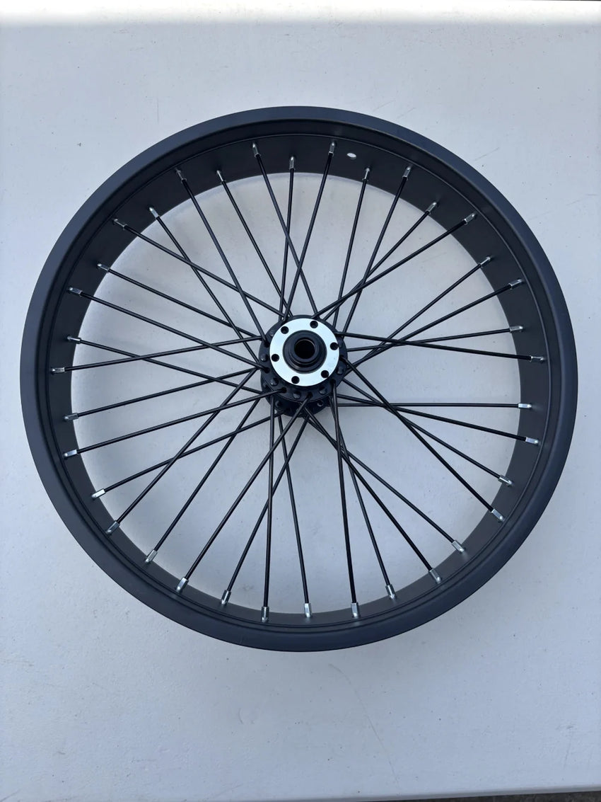 GhostCat Front Wheel, Thru-Axle, black spoked rim without tire, side view