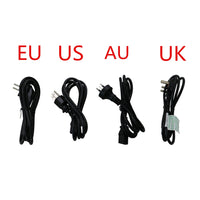 Regional AC power cords shown for reference (EU, US, AU, UK)
