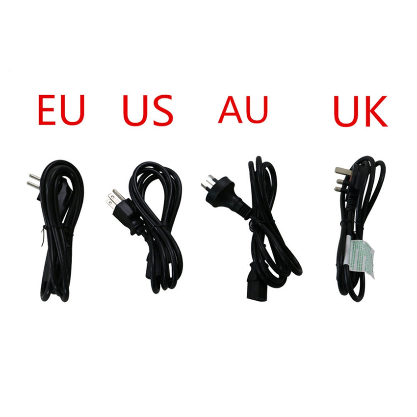 Regional AC power cords shown for reference (EU, US, AU, UK)