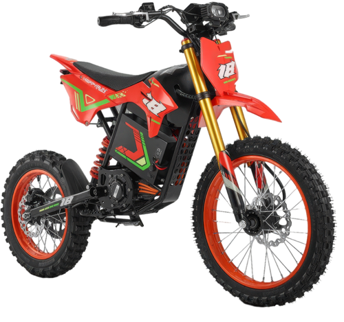 HappyRun F18 electric dirt bike three-quarter front view showing off-road stance