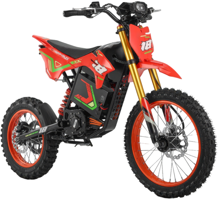 HappyRun F18 electric dirt bike three-quarter front view showing off-road stance