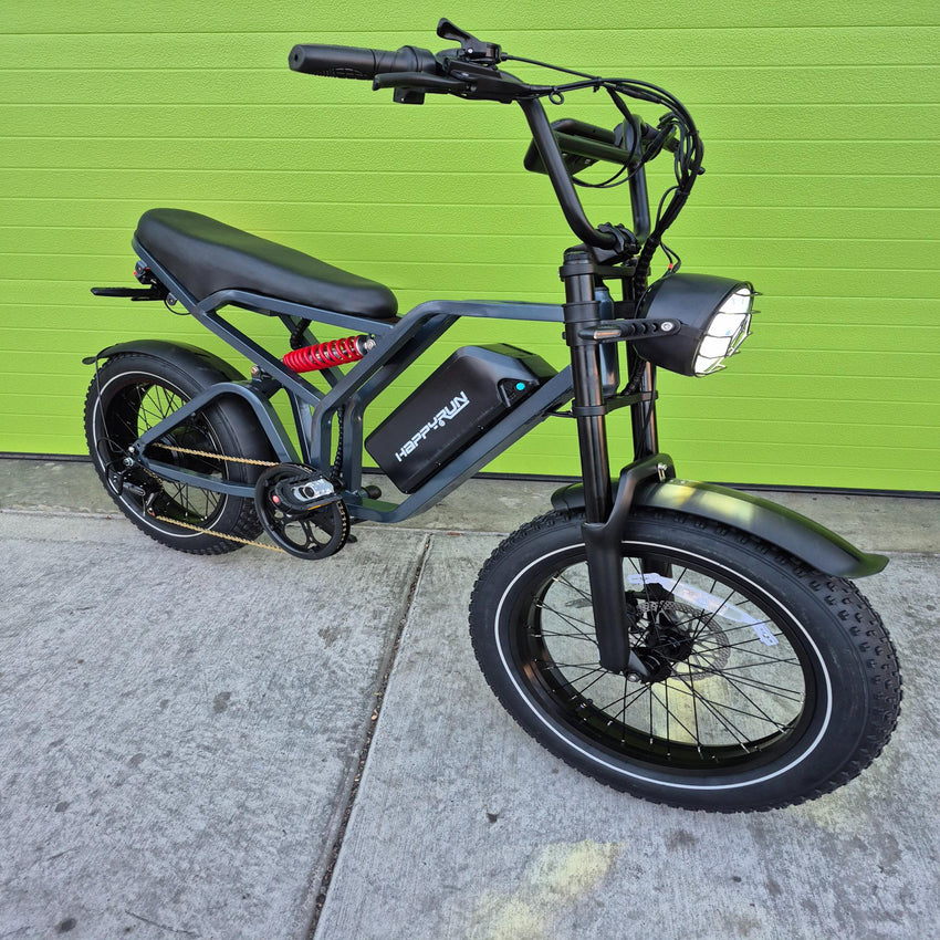 HappyRun G60 Pro fat tire moped-style e-bike in-shop real-world view – BHive Moto Shop