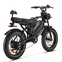 HappyRun G70 Class II e-bike three-quarter front view showing dual seat and moped frame