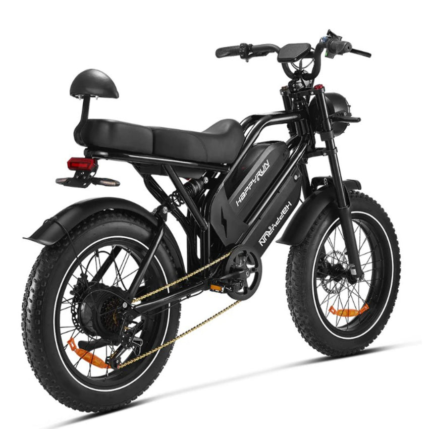 HappyRun G70 Class II e-bike three-quarter front view showing dual seat and moped frame