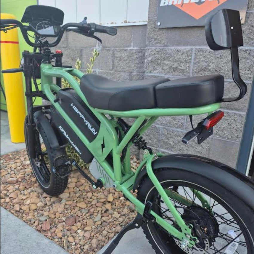 HappyRun G70 dual seat electric moped rear suspension and fender close-up