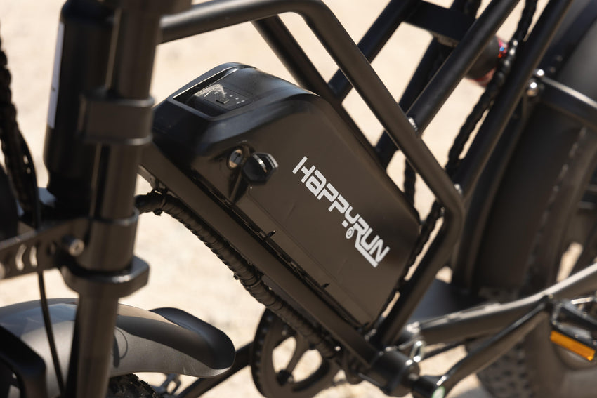 HappyRun battery mounted on an e-bike frame outdoors