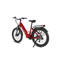 Eunorau META24 1.0 24-inch step-through e-bike in Deep Crimson, rear three-quarter view on kickstand