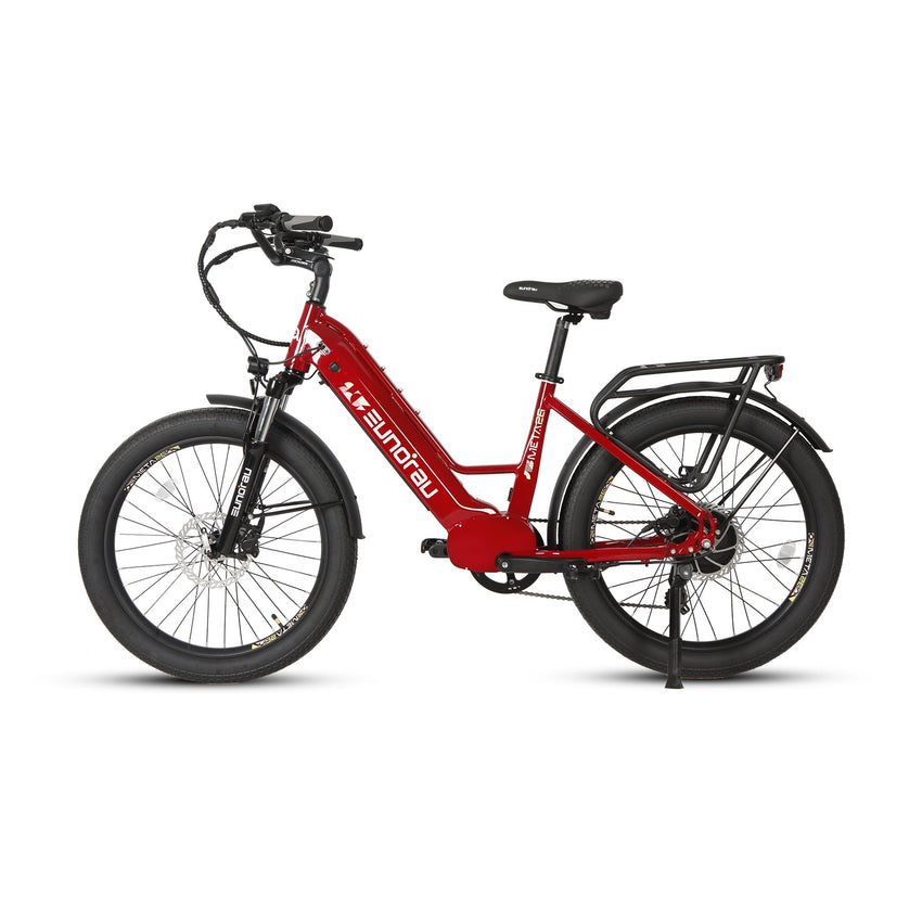 Eunorau META26 1.0 26-inch step-through e-bike in Deep Crimson, left side profile