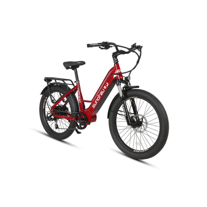 Eunorau META26 1.0 26-inch step-through e-bike in Deep Crimson, front three-quarter view
