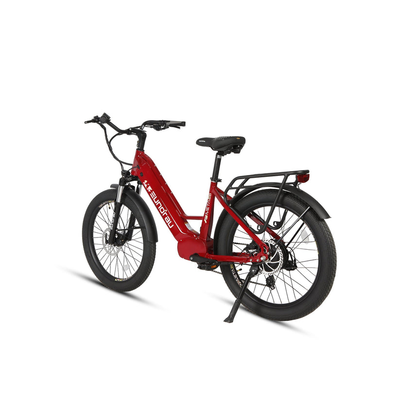 Eunorau META26 1.0 26-inch step-through e-bike in Deep Crimson, rear three-quarter view on kickstand