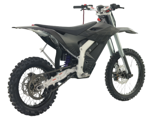 RFN Warrior SX-E15 e-moto front fork, wheel, and braking system close-up