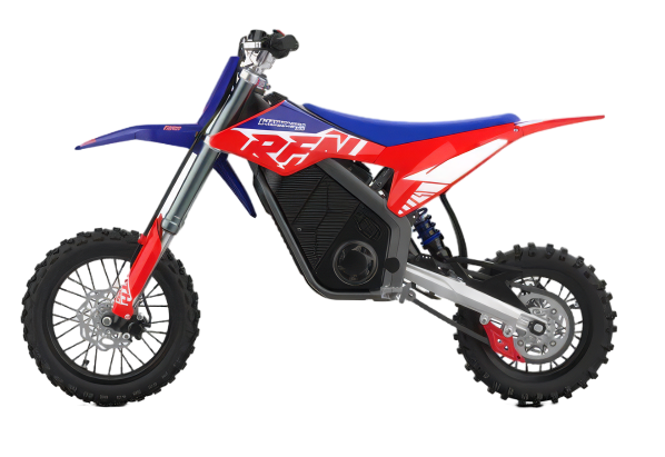 RFN Warrior SX-E5 youth e-moto rear angle showing suspension and swingarm
