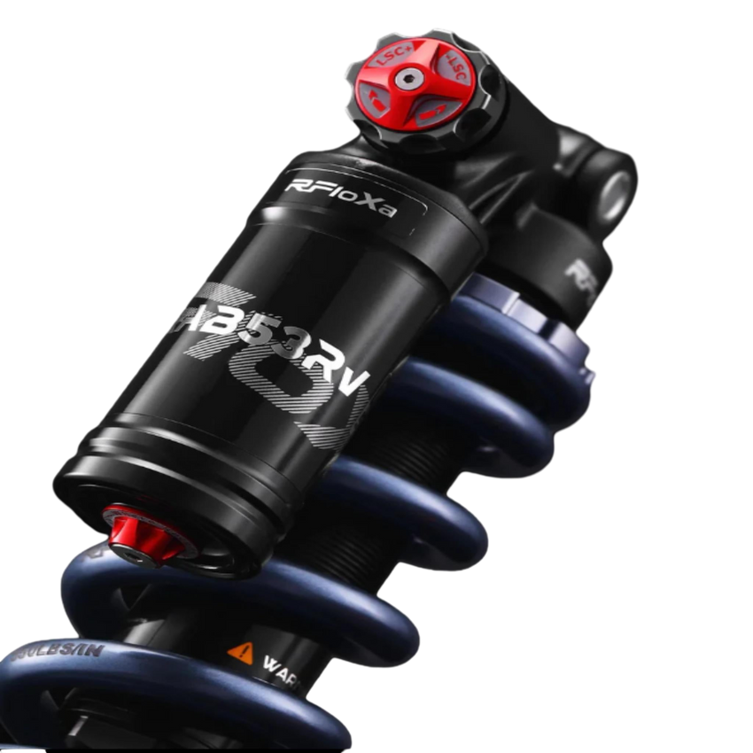 RFloXa RAB53RV rear shock three-quarter view – premium aluminum body, upgrade for electric dirt bikes