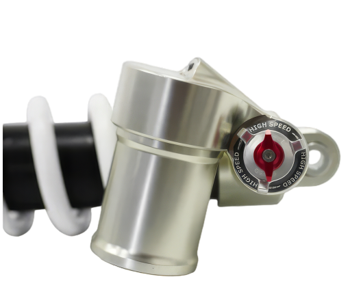 RFloXa RAF55RV rear shock reservoir and adjuster detail – precision-tuned for off-road e-moto performance, BHive Moto Shop