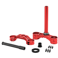 RFloXa drop crown triple clamp kit side view – CNC-machined aluminum, transparent background