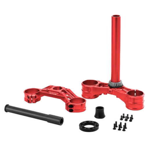 RFloXa drop crown triple clamp kit side view – CNC-machined aluminum, transparent background