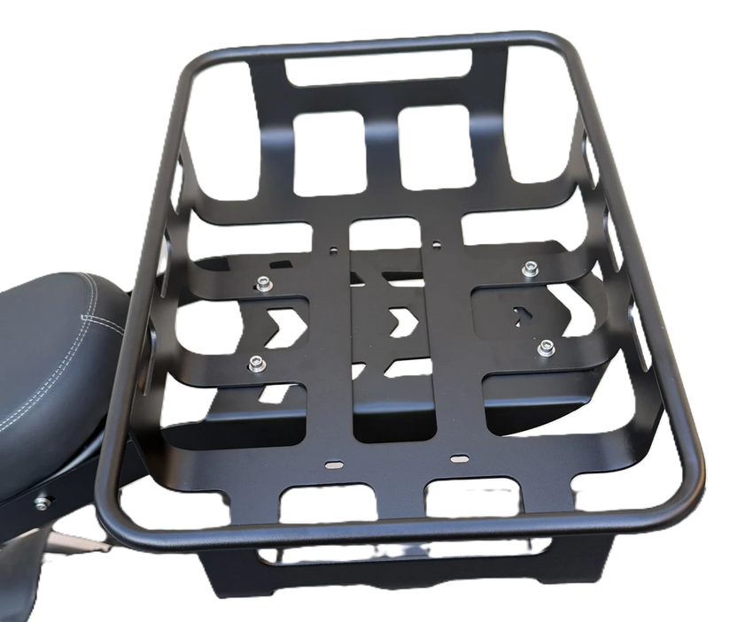 GhostCat Rear Basket, black metal basket with cutout floor, angled top view