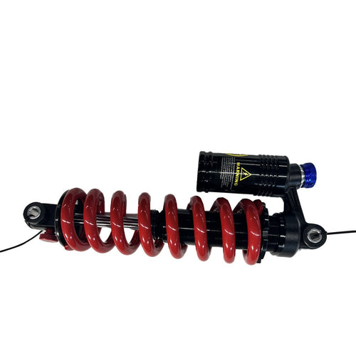Freego Rear Shock Absorber, red coil shock, side view with mounting eyelets