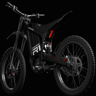side profile — 72V 35Ah battery, 75-mile range off-road e-moto