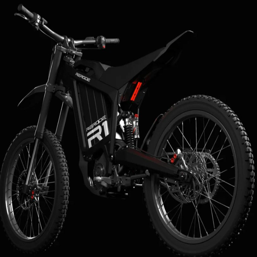 side profile — 72V 35Ah battery, 75-mile range off-road e-moto