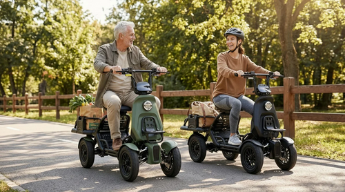 Two riders on Eunorau S500 electric utility quads carrying cargo on a park path