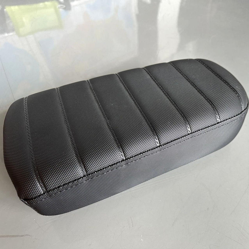 Freego Passenger Seat Cushion, black pleated rear seat, angled view
