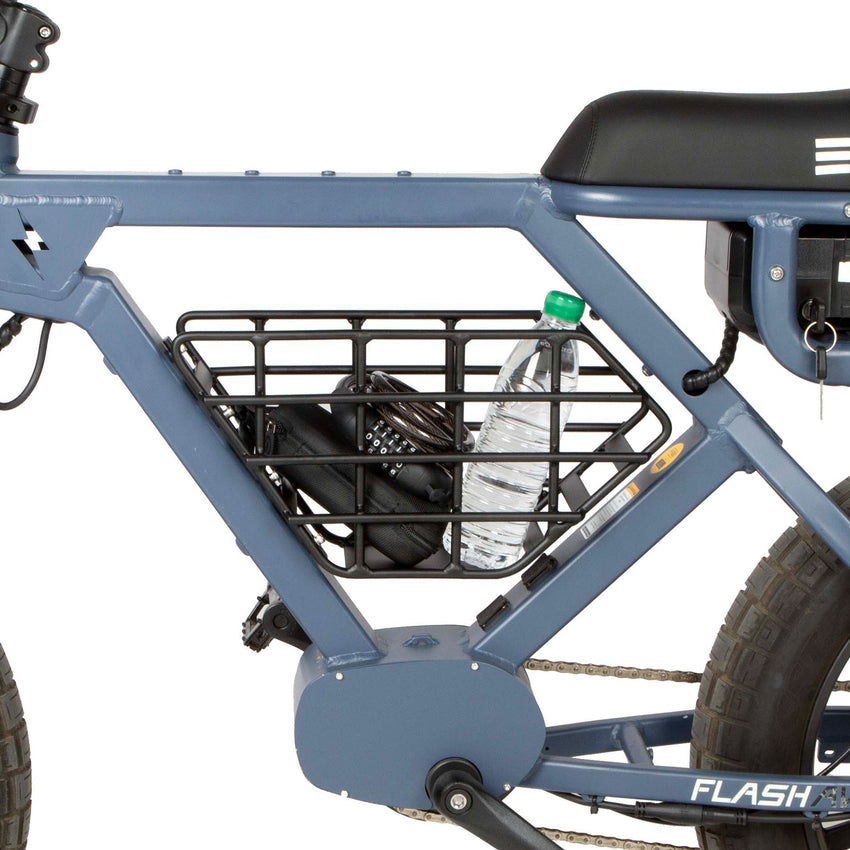 Eunorau FLASH mid-position storage basket on a FLASH holding a water bottle