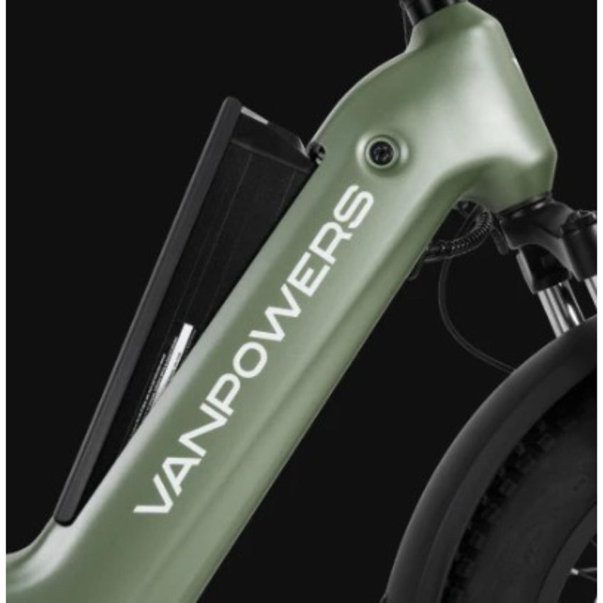 VanPowers Cycanon vintage style ebike fat tire and fork close-up detail