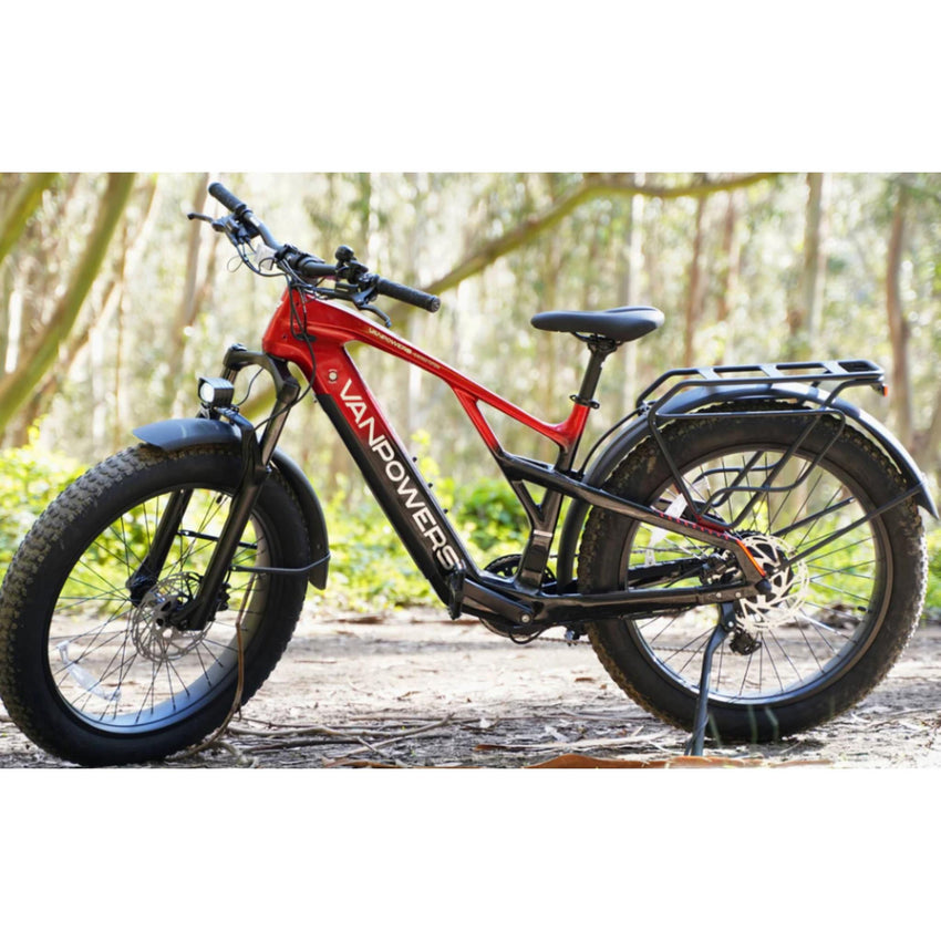 VanPowers GrandTeton Pro all terrain fat tire ebike front fork and 4-inch tire close-up