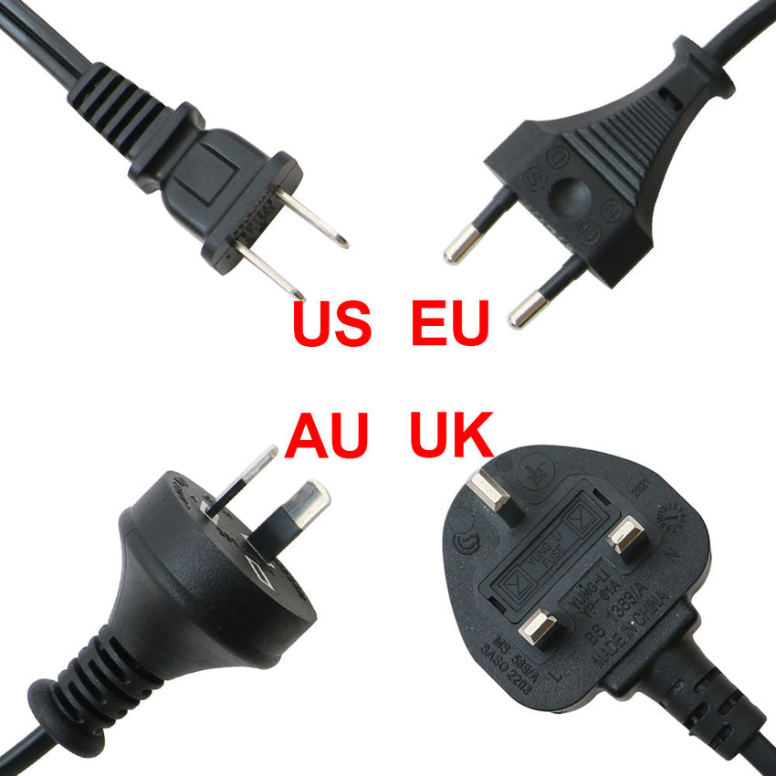 Regional AC plug types shown for reference (US, EU, AU, UK)