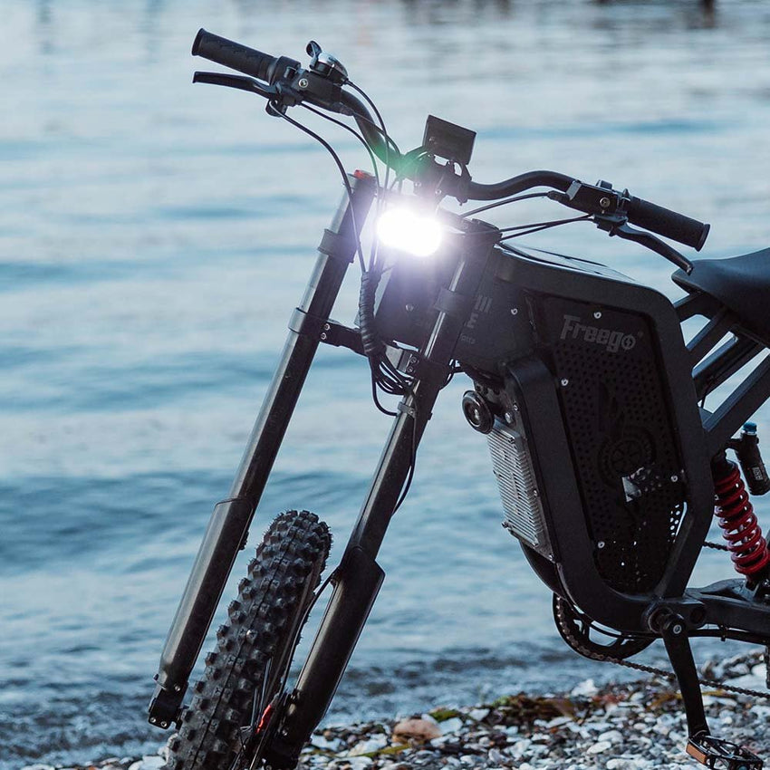 Freego Front Suspension Fork installed on an e-bike parked by the water