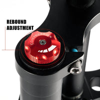 Freego Front Suspension Fork, red rebound adjustment knob close-up