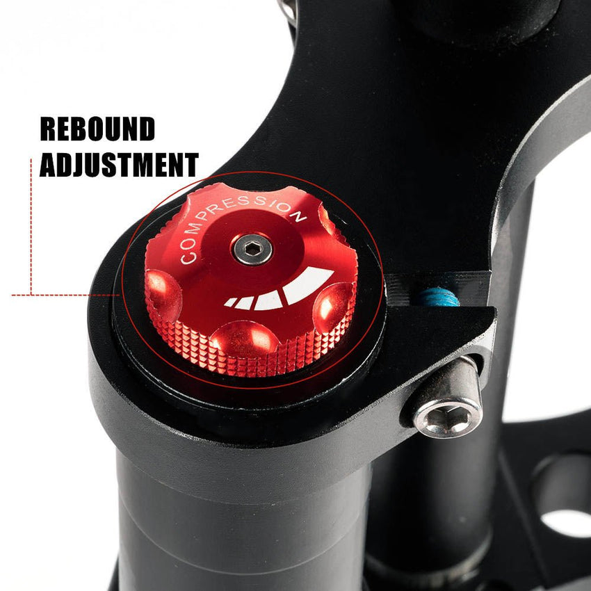 Freego Front Suspension Fork, red rebound adjustment knob close-up