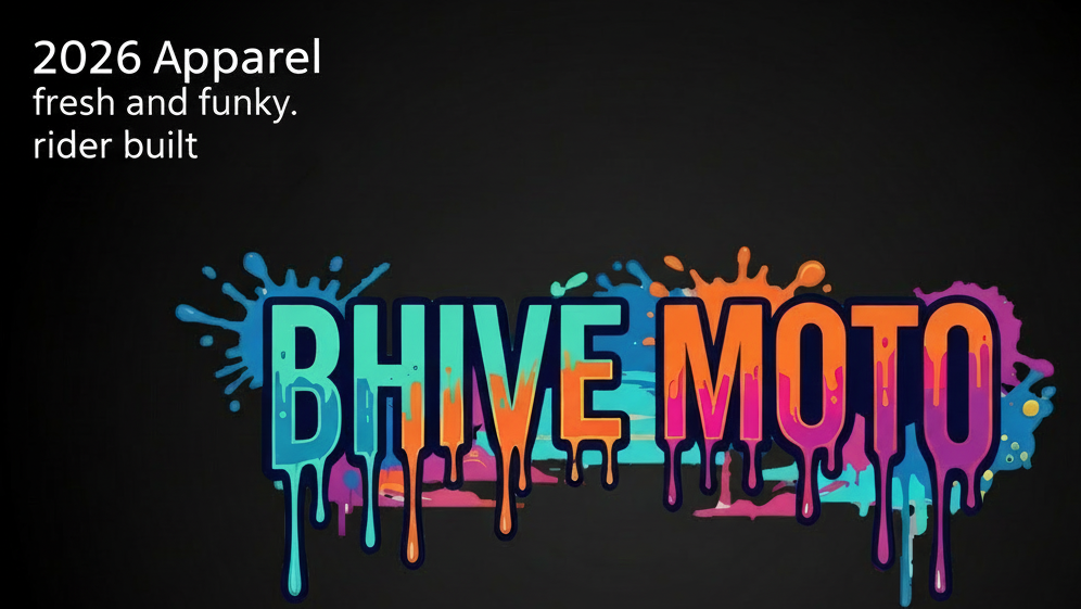 Colorful 'BHIVE MOTO' logo on a black background with text about 2026 apparel.