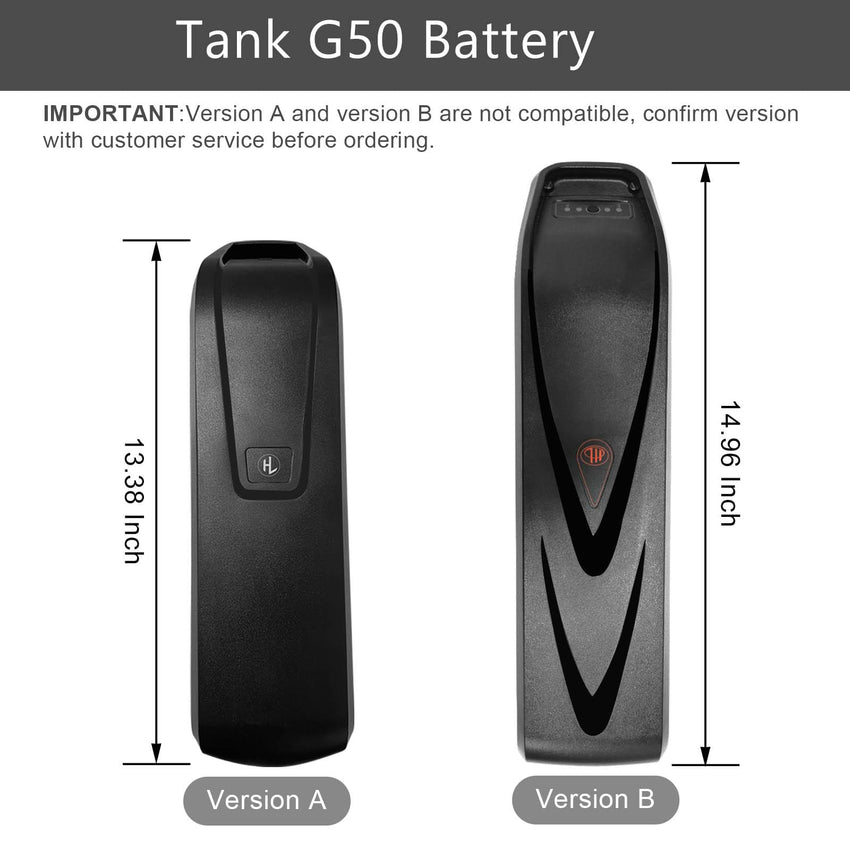 HappyRun G50 battery version A and B comparison with dimensions