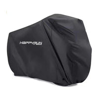 Black HappyRun waterproof e-bike cover with white logo fitted over a bike