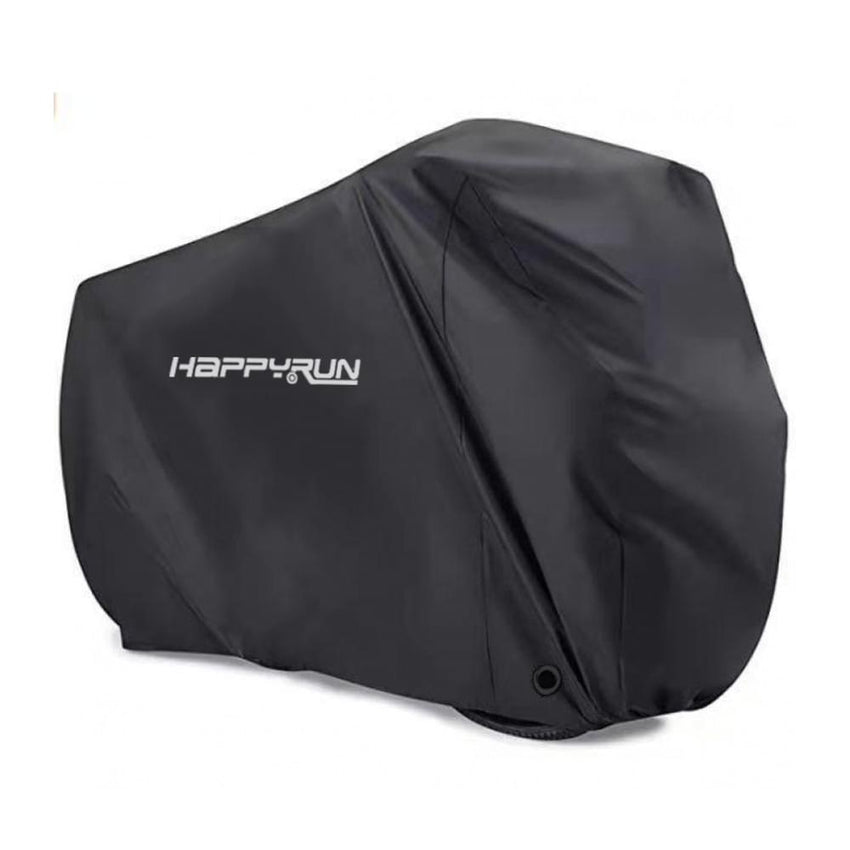 Black HappyRun waterproof e-bike cover with white logo fitted over a bike