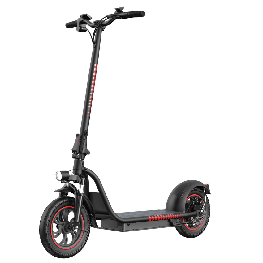 Freego F12 electric scooter in black with red accents, front three-quarter view