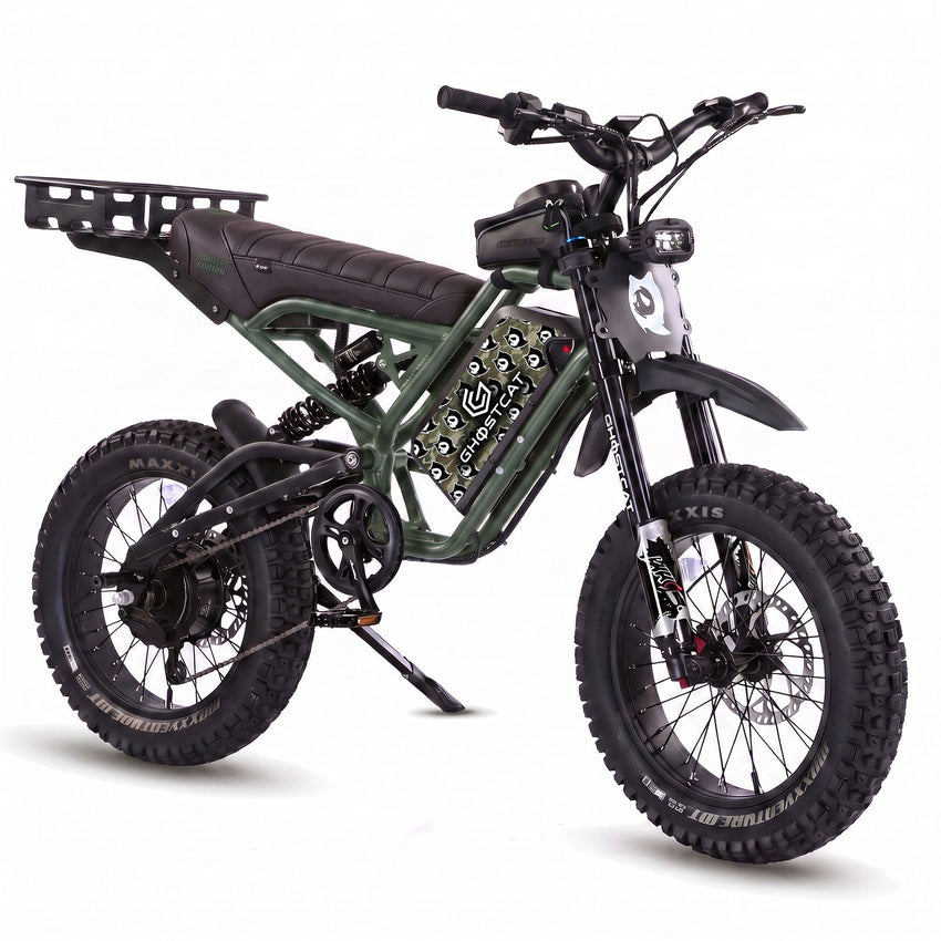 GhostCat F4X Hunter's Edition Full Bundle, army green frame, black seat, rack, Ghost Green Camo battery wrap
