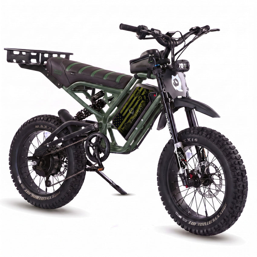 GhostCat F4X Hunter's Edition Full Bundle, army green frame, black & green seat, rack, American Flag Buck battery wrap