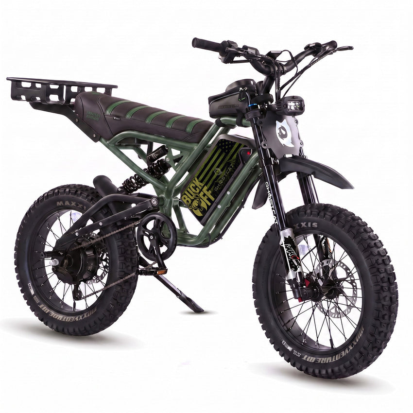 GhostCat F4X Hunter's Edition Full Bundle, army green frame, black & green seat, rack, Buck Off battery wrap