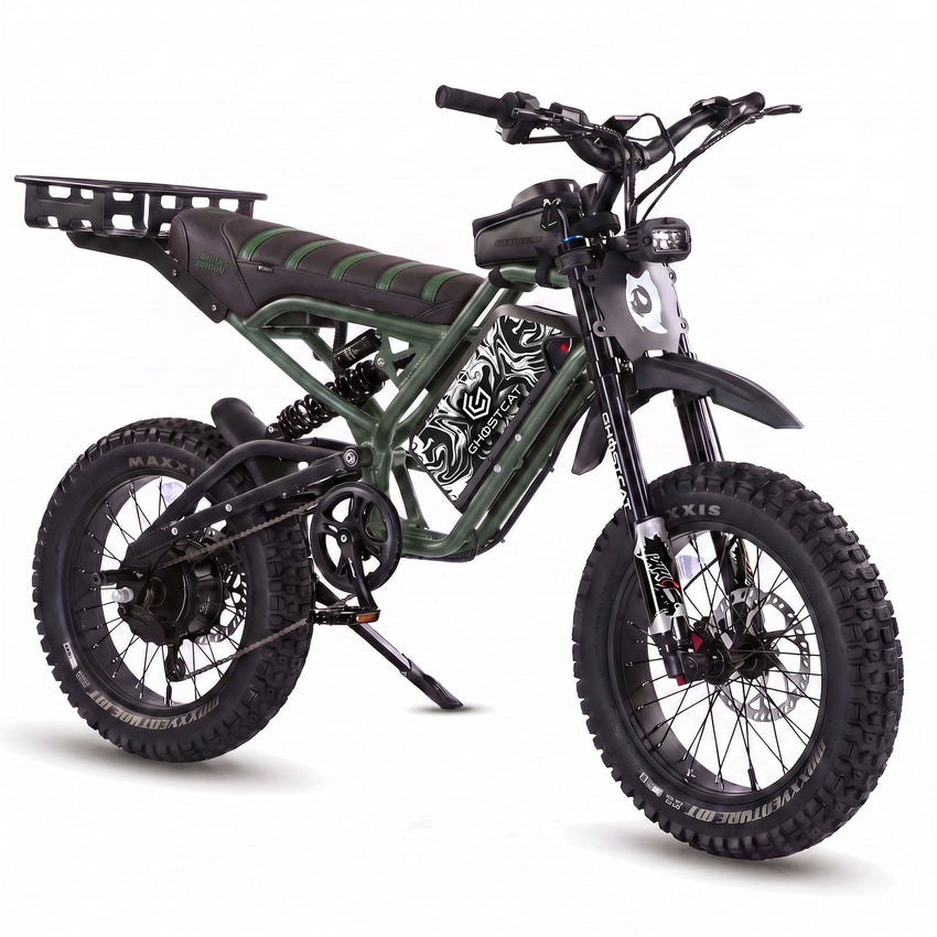 GhostCat F4X Hunter's Edition Full Bundle, army green frame, black & green seat, rack, Marble Black & White battery wrap