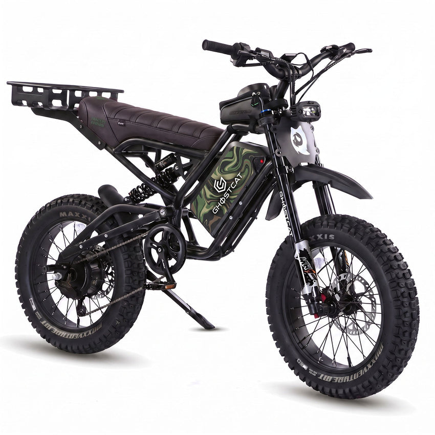 GhostCat F4X Hunter's Edition Full Bundle, blackout frame, black seat, rack, Marble Green Camo battery wrap