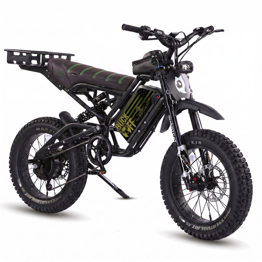 GhostCat F4X Hunter's Edition Full Bundle, blackout frame, black & green seat, rack, Buck Off battery wrap
