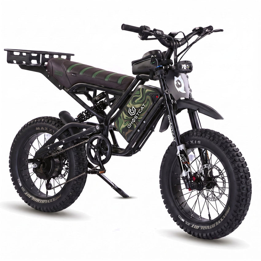 GhostCat F4X Hunter's Edition Full Bundle, blackout frame, black & green seat, rack, Marble Green Camo battery wrap