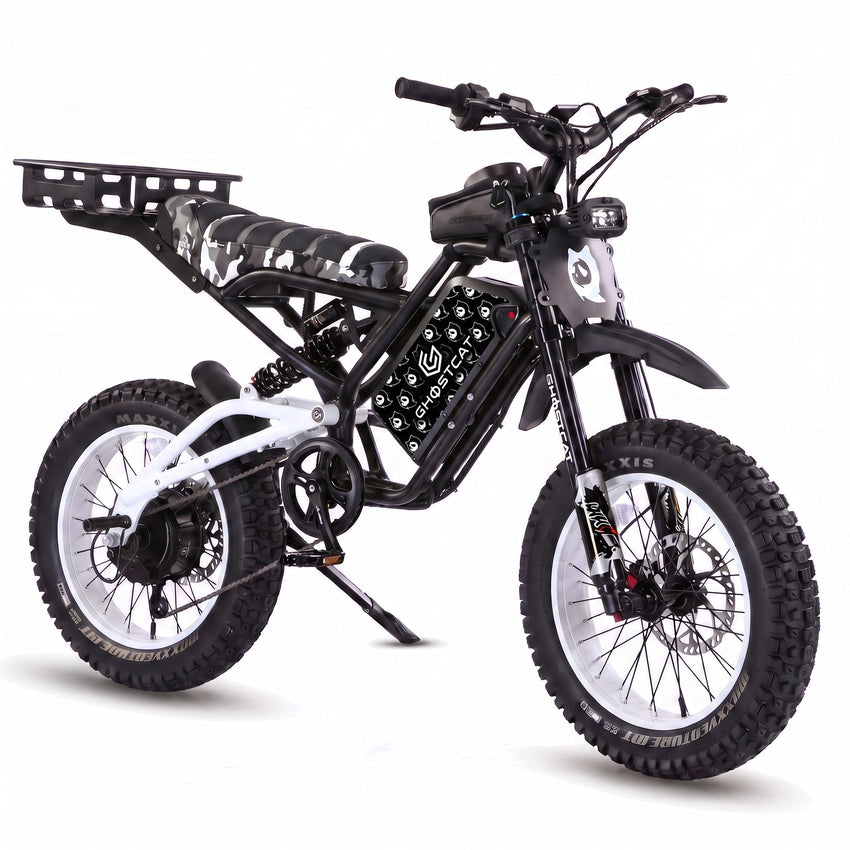 GhostCat F4X Hunter's Edition Full Bundle, white frame, white rims, camo seat, rack, Ghost Black battery wrap