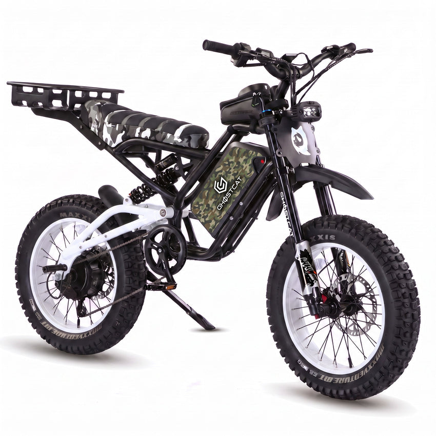 GhostCat F4X Hunter's Edition Full Bundle, white frame, white rims, camo seat, rack, Green Camo battery wrap