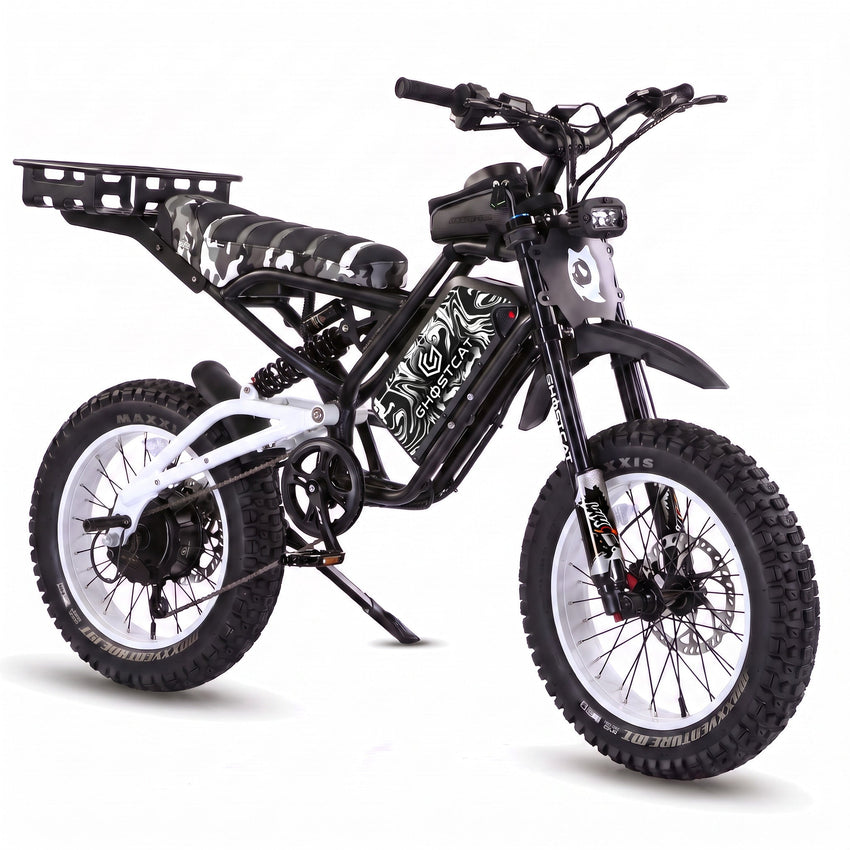GhostCat F4X Hunter's Edition Full Bundle, white frame, white rims, camo seat, rack, Marble Black & White battery wrap