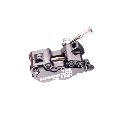 Formula EB7 brake calipers close-up – 4-piston design with sintered pad compatibility
